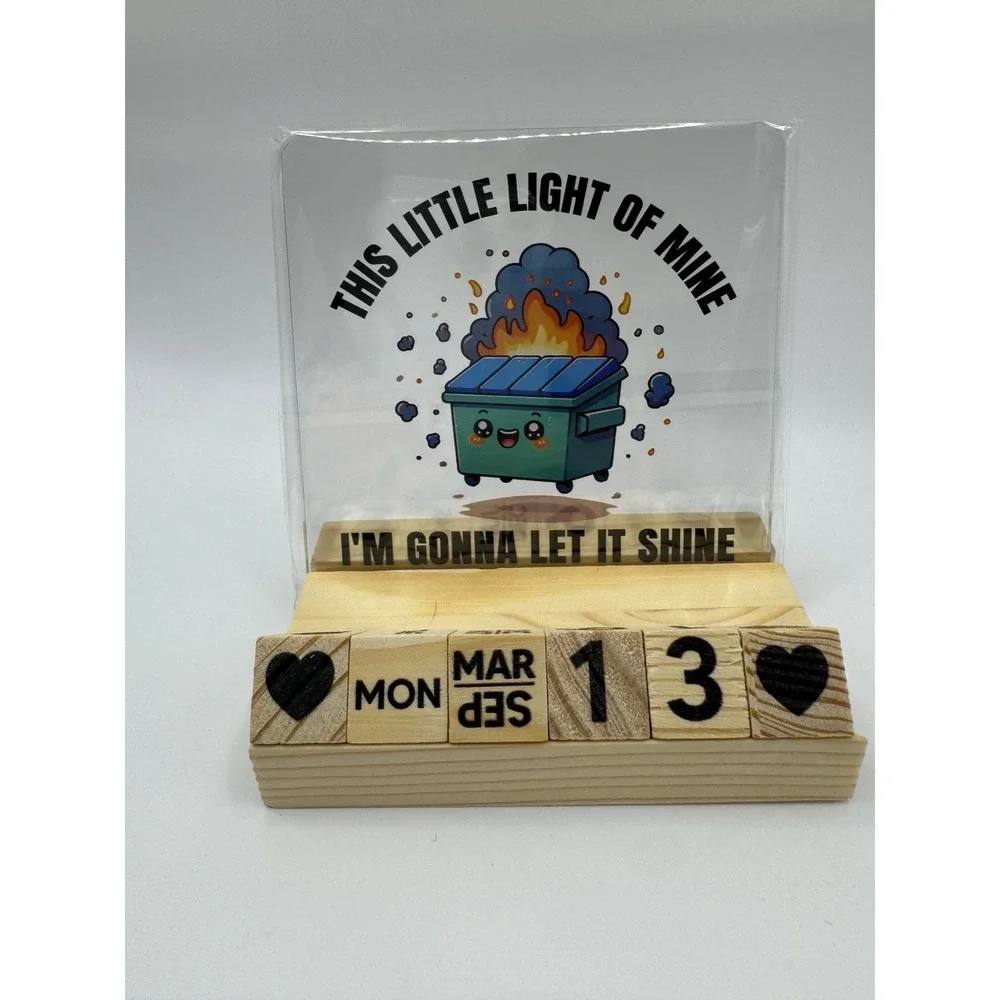 Dumpster Fire Desk Calendar‎ Wood Block Perpetual Acrylic Funny Coworker Gift